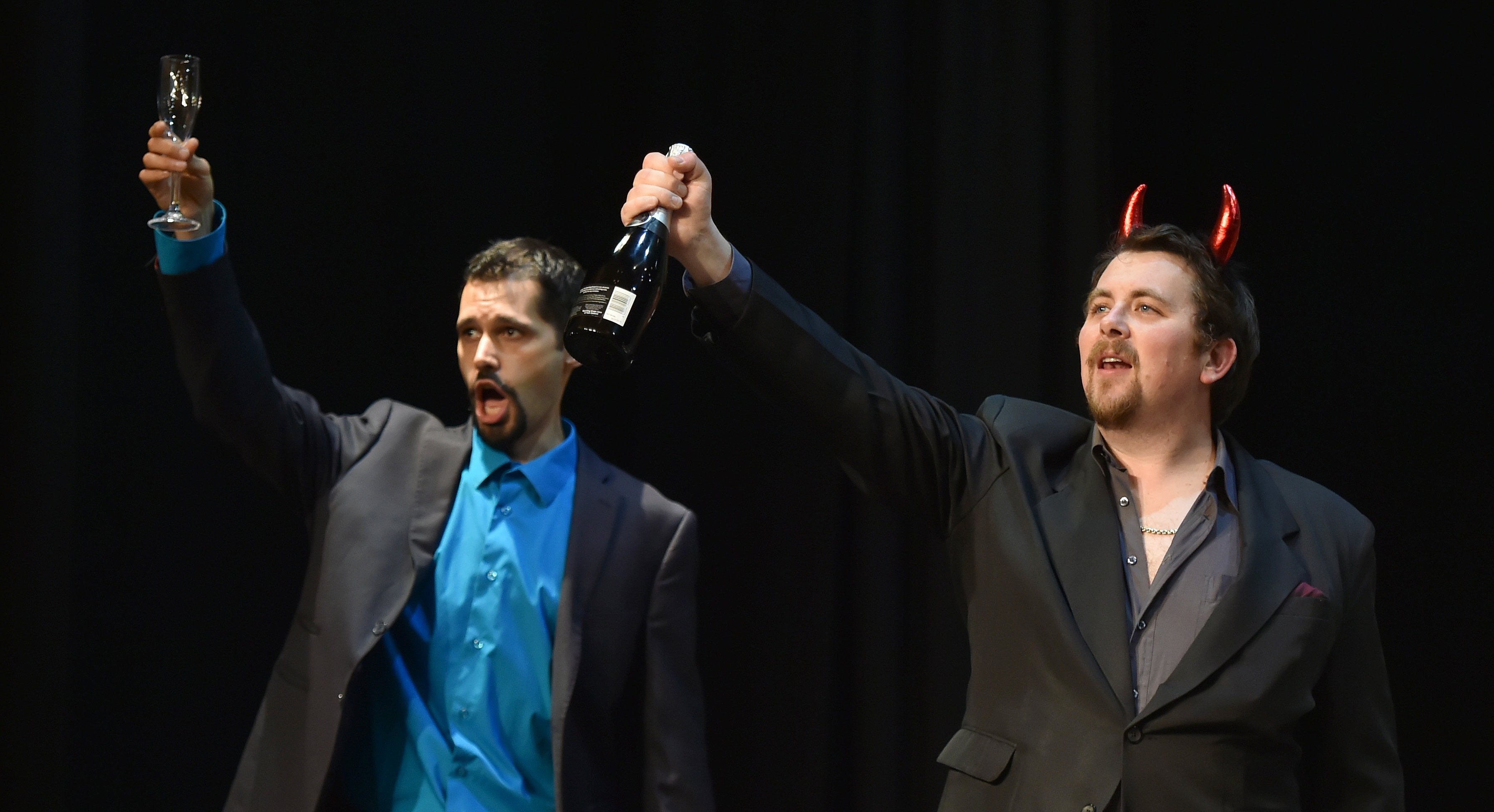 Adam Jon as Leporello (left) and Robert Tucker as Don Giovanni rehearse for Opera Otago’s latest...