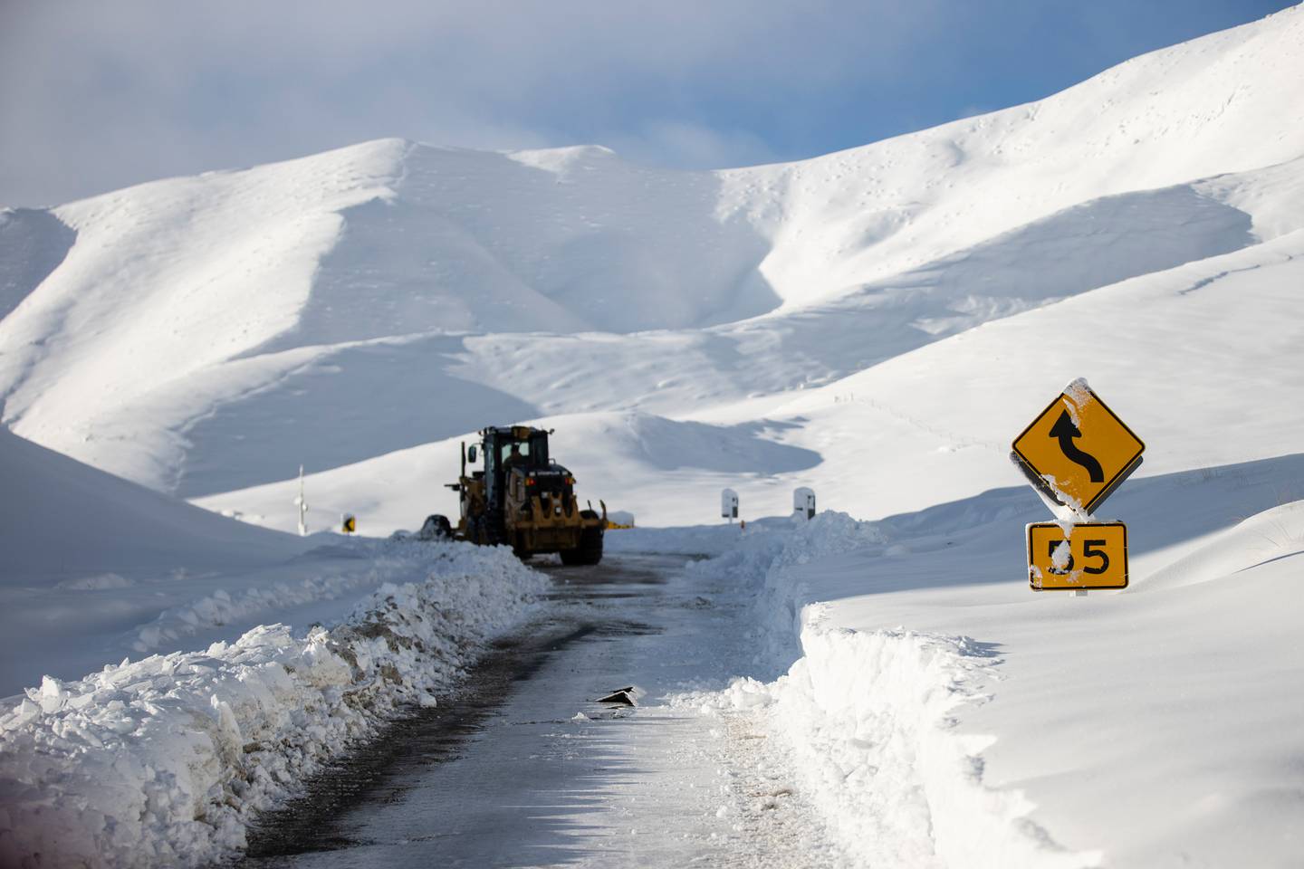 Work was going on to clear the Lindis Pass of snow on Monday. Photo: George Heard