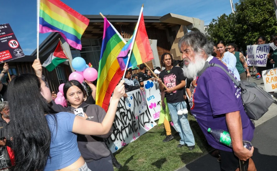 Destiny Church protesters and counter protesters from the rainbow community outside the Gisborne...