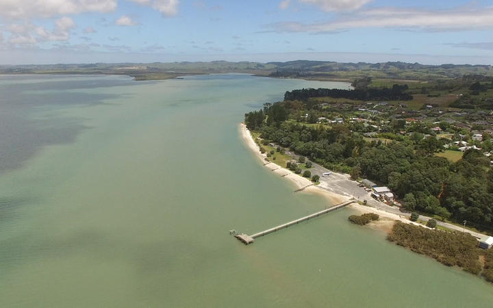 Kaipara Harbour looking back towards Parakai with Shelly Beach wharf in the foreground. Photo: RNZ