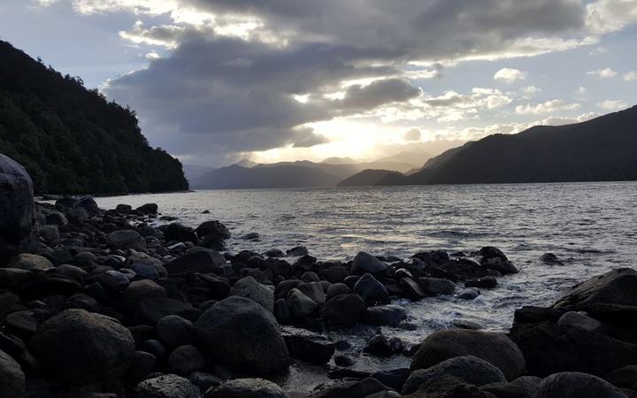 View from the shore of Coal Island, looking up Preservation Inlet in Fiordland's remote southwest...