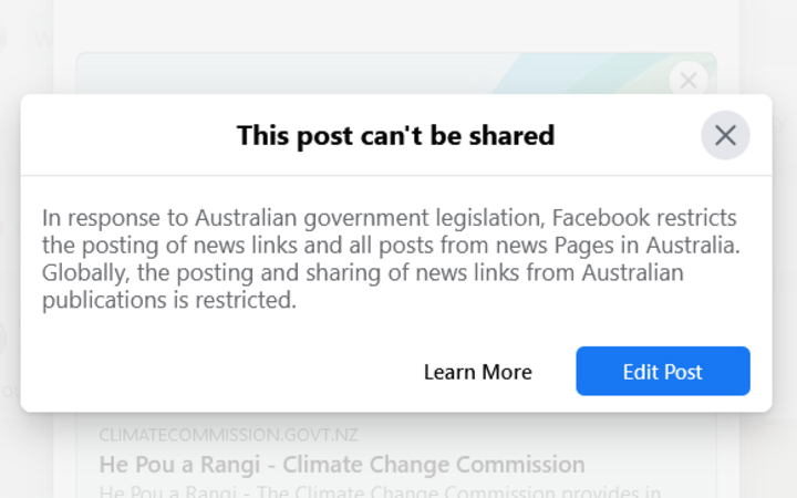 What happens when you try to post a link to the Climate Change Commission on Facebook. Photo:...