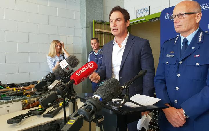 Police Minister Stuart Nash (third left) and Deputy Police Commissioner Mike Clement (right) at a...