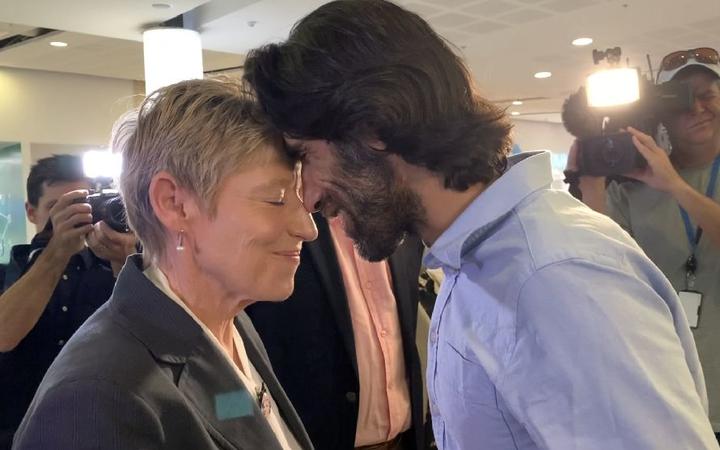 Christchurch mayor Lianne Dalziel and refugee journalist Behrouz Boochani hongi after his arrival...