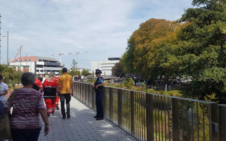 Crowds begin to gather at the Canterbury Earthquake Memorial ahead of the 10 year anniversary...