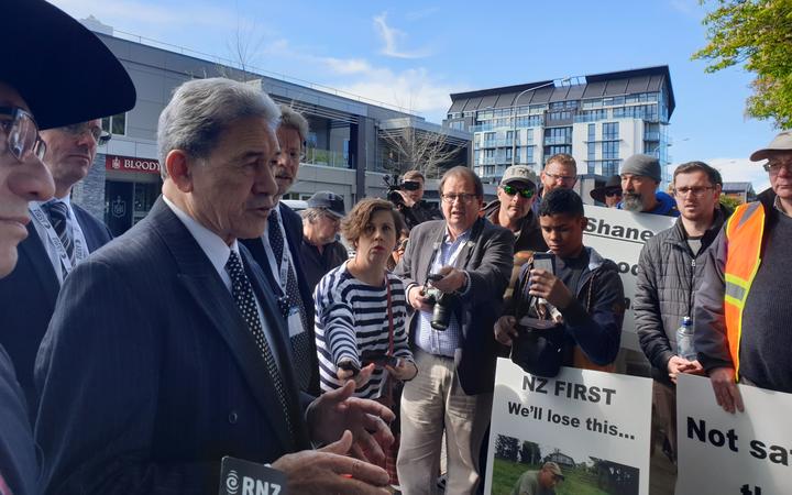 Winston Peters talked to gun owners protesting in Christchurch today. Photo: RNZ