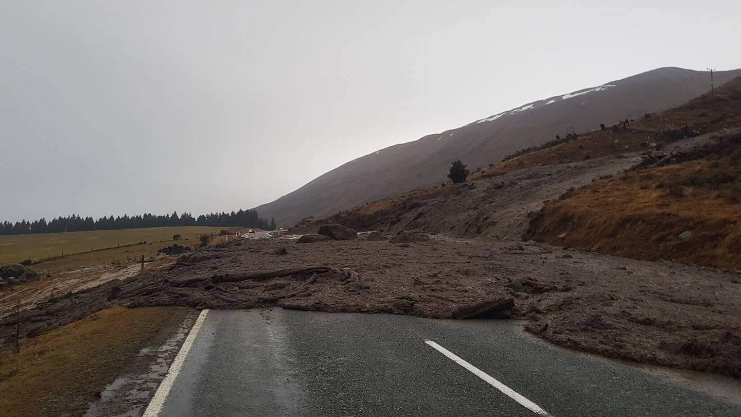 A slip on the road to Mt Cook on Tuesday morning. Photo: Supplied via NZ Herald