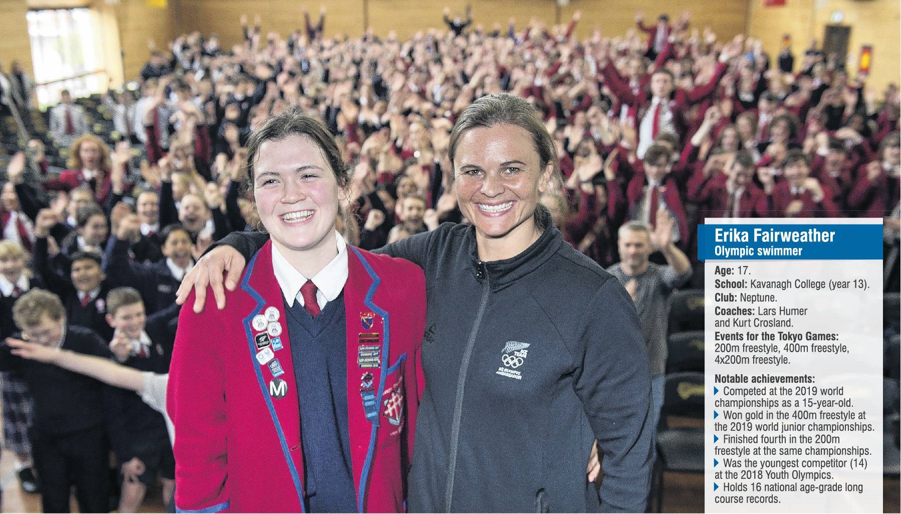 Kavanagh College swimmer Erika Fairweather (left) reacts after being announced by former Otago...