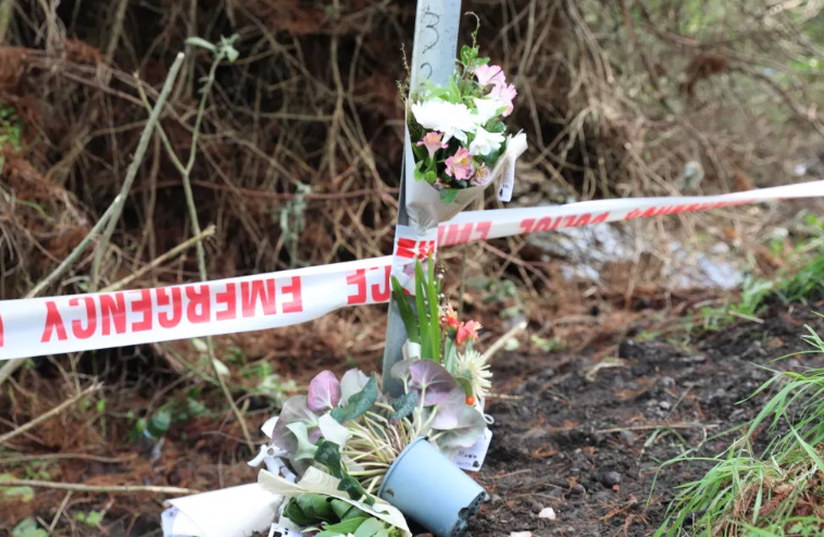 Flowers at the site where a woman and two children died in Waiuku. Photo: RNZ/Calvin Samuel