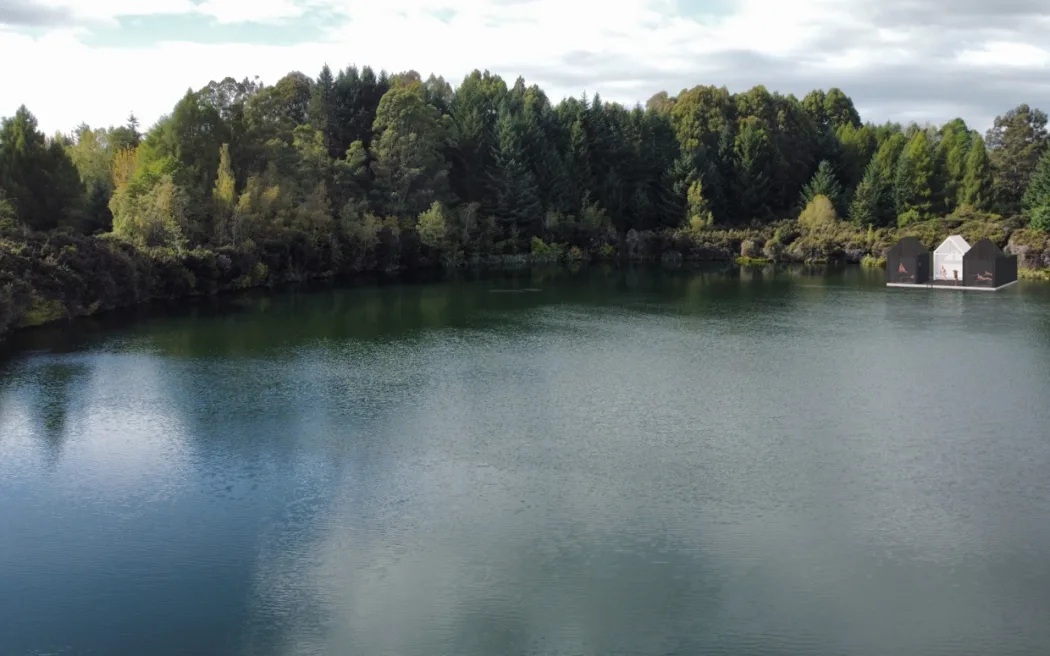 Renders of the proposed floating sauna on Lake Henry, looking north. Photo: Supplied / Southland...
