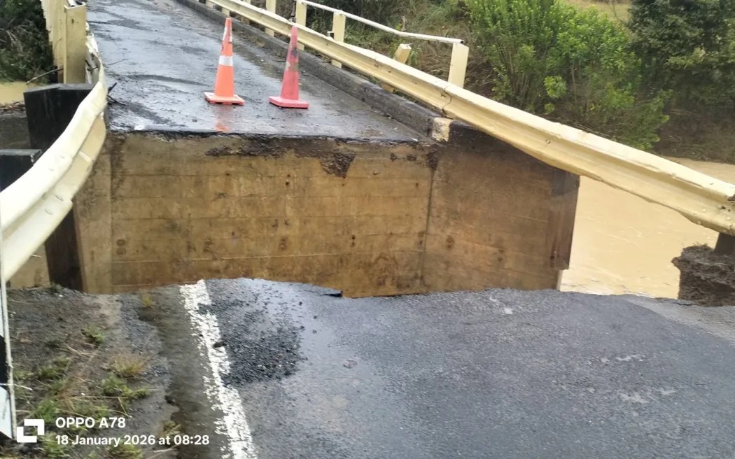 The Ngaiotonga Bridge has been washed out, Whangarei District Council warned on Sunday. Photo:...