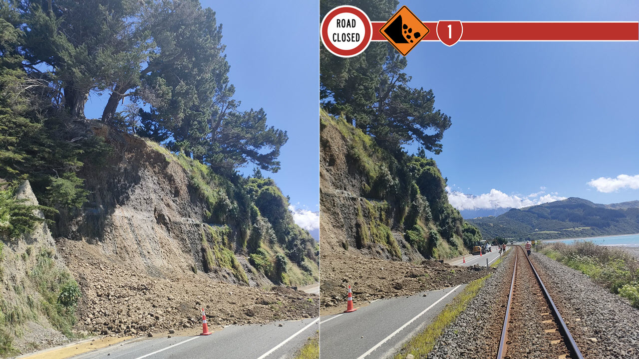 The slip has closed a section of State Highway 1 just north of Kaikōura. Photo: Waka Kotahi NZ...