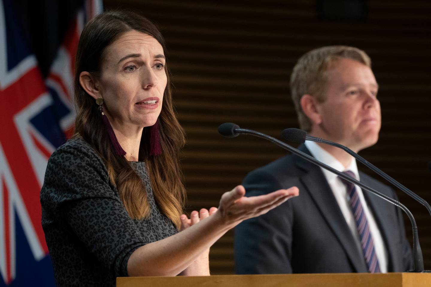 PM Jacinda Ardern and Covid-19 Response Minister Chris Hipkins at today's announcement. Photo: NZ...
