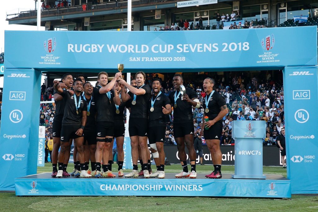 The All Black Sevens team celebrate retaining the World Cup. Photo: Getty Images 