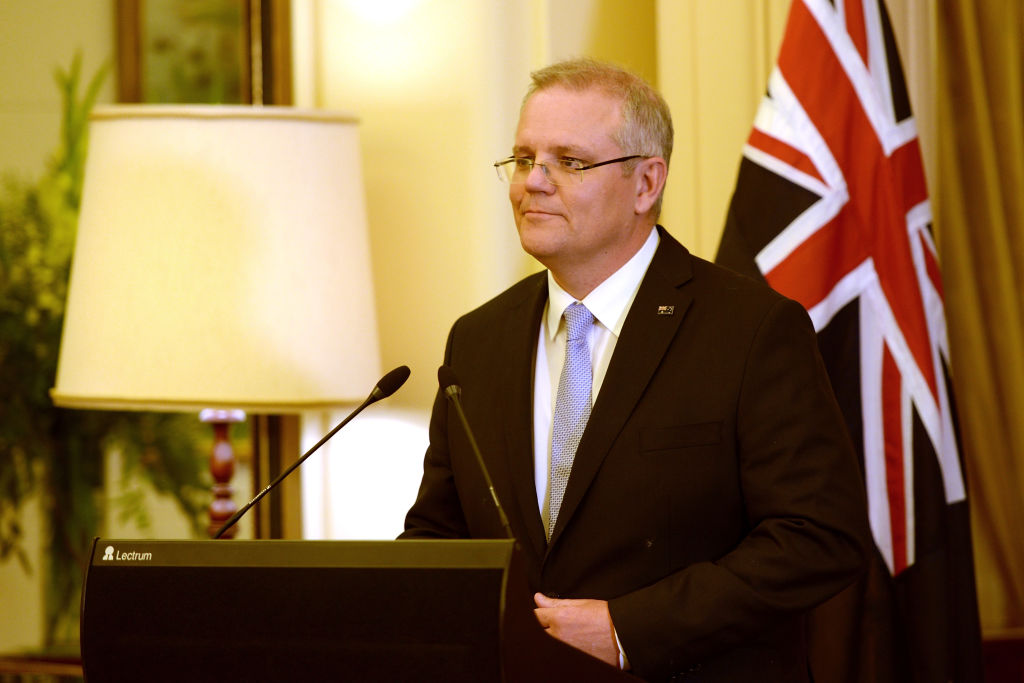 Prime Minister Scott Morrison talks after being sworn in at Government House. Photo: Getty Images