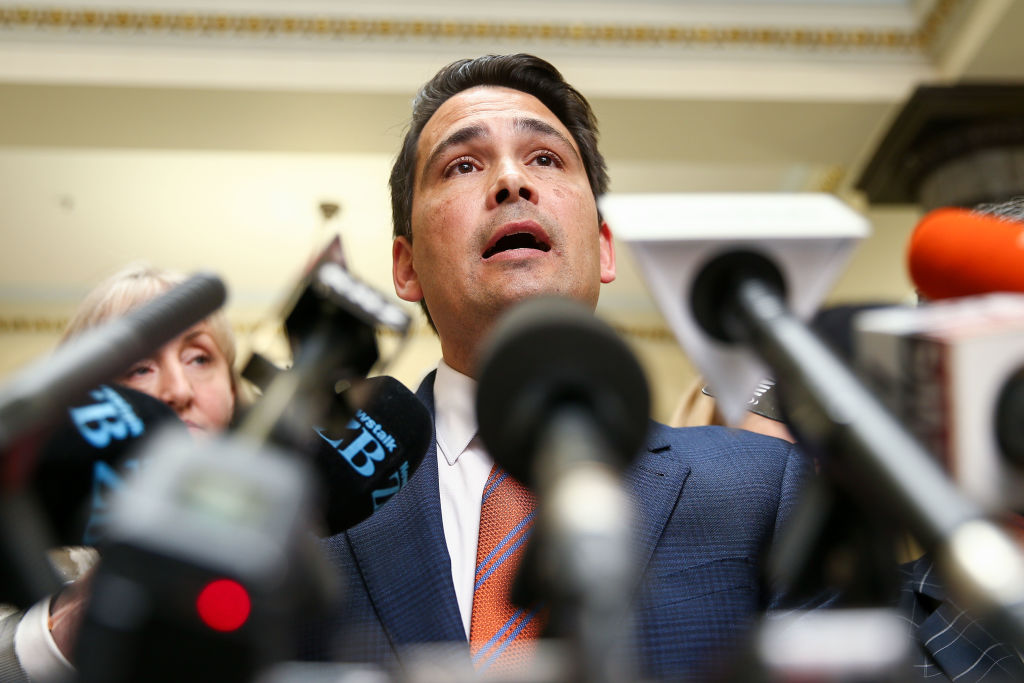 National Party leader Simon Bridges speaks to media after a caucus meeting at Parliament...