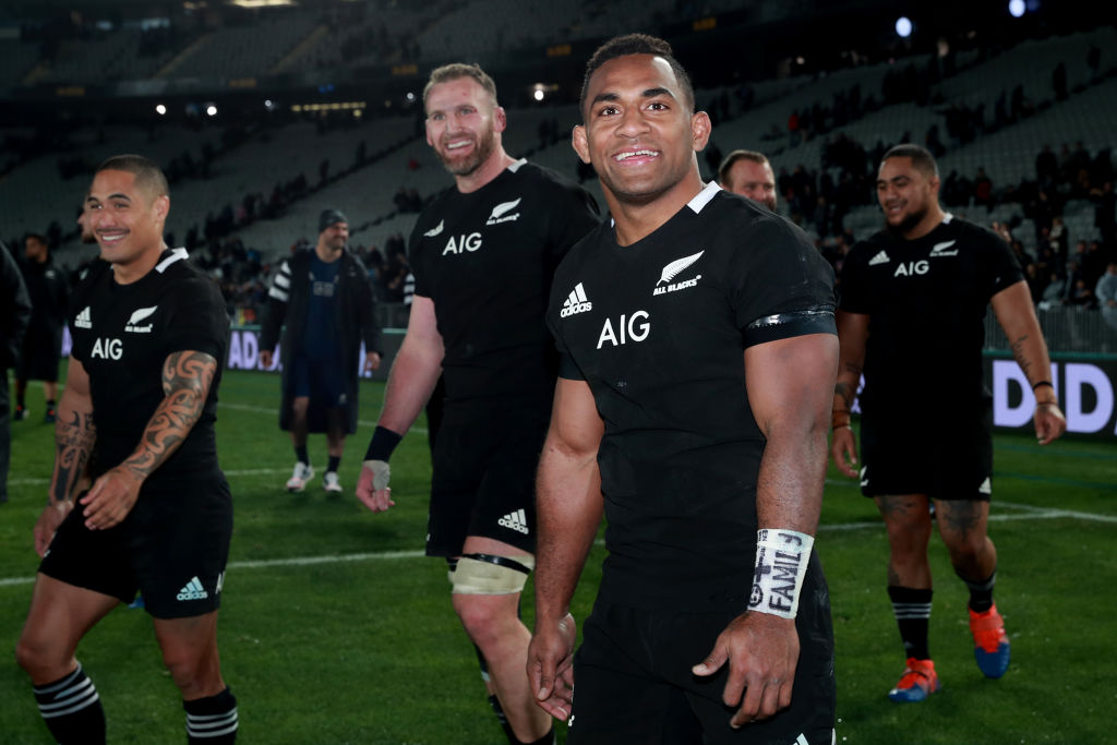 From left Aaron Smith, captain Kieran Read and Sevu Reece after winning the second Bledisloe...