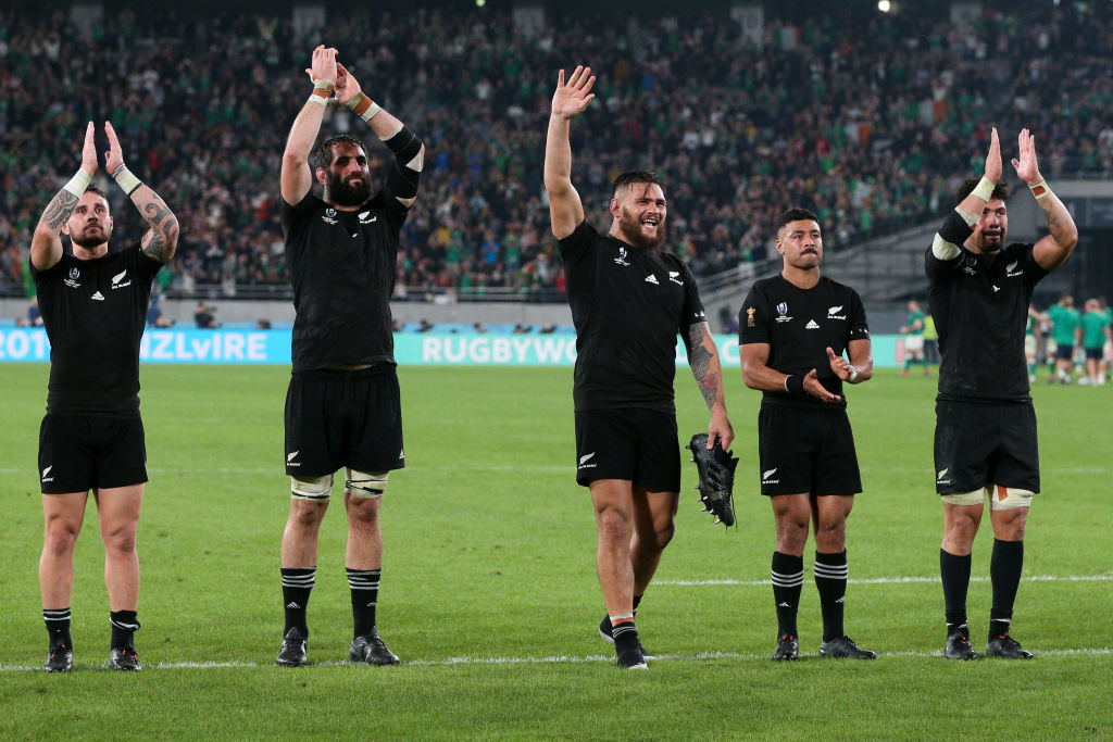 All Blacks TJ Perenara, Sam Whitelock, Angus Ta'avo, Richie Mo'unga and Ardie Savea acknowledge...