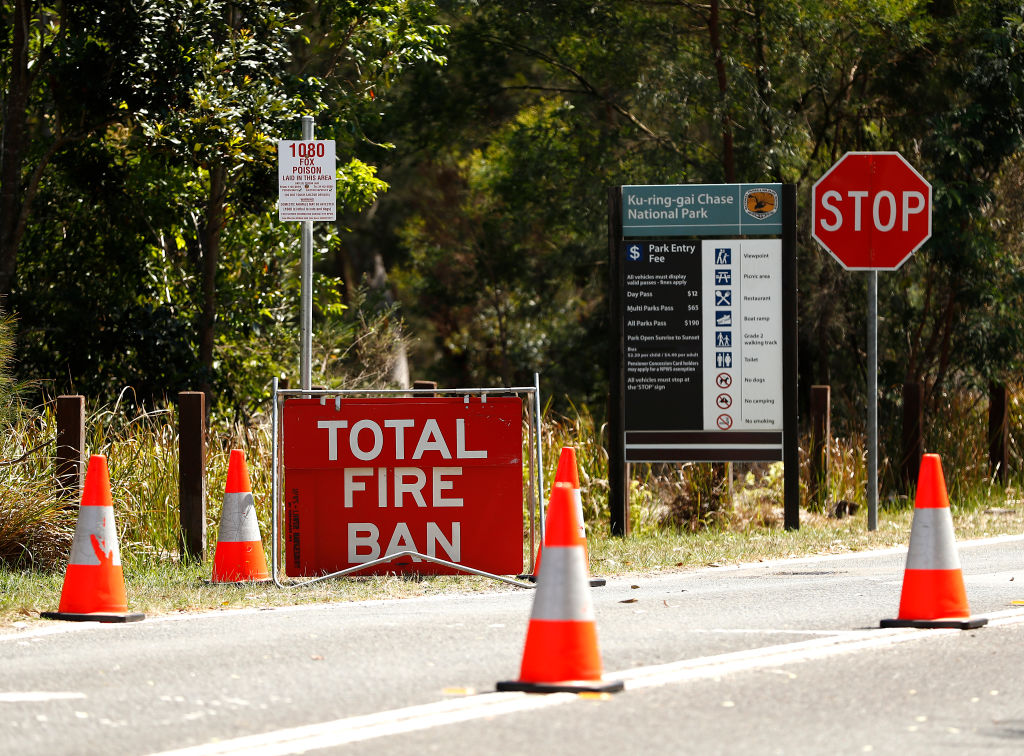 Signs display information about the closure of Ku-ring-gai Chase National Park in Sydney's north....