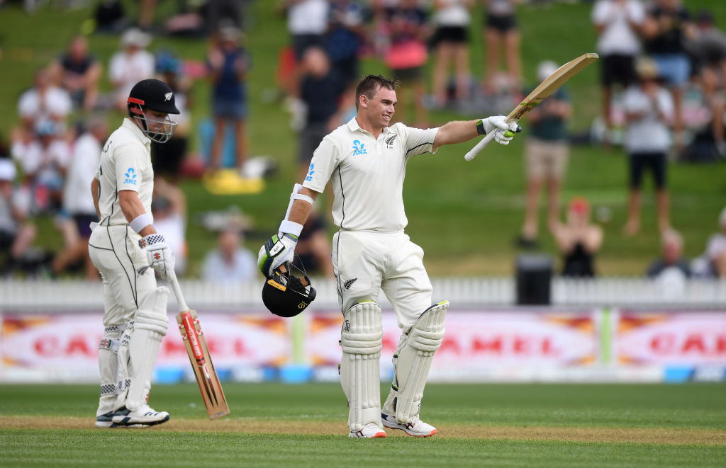 Tom Latham celebrates his century against England. Photo: Getty