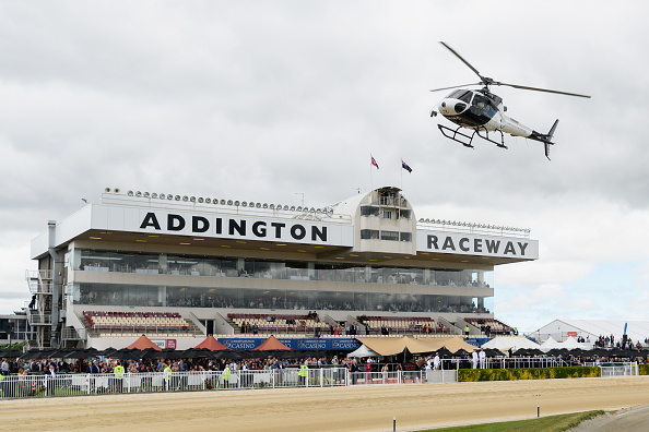 Richie McCaw delivers the New Zealand Trotting Cup in his helicopter. Photo: Getty Images