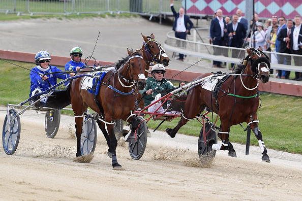 Natalie Rasmussen driving Amazing Dream (L) wins Race 4 Nevele R Fillies Series Final ahead of...