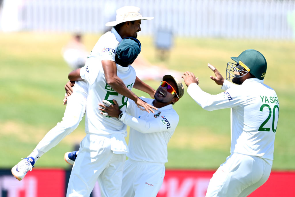 Bangladesh players celebrate during their stunning victory over the Black Caps. Photo: Getty
