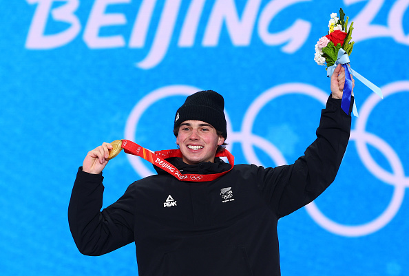 Nico Porteous celebrates with his gold medal at the Beijing Winter Olympics in 2022. Photo: Getty...