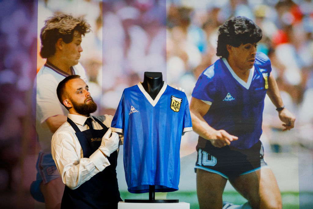 Sotheby’s displays the shirt before bidding began in the auction. Photo Getty Images for Sotheby's