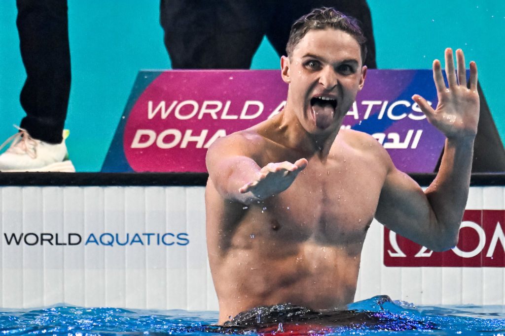 Lewis Clareburt celebrates winning a gold medal in the 400m individual medley in Doha this year...