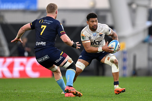 Ardie Savea of Moana Pasifika charges forward during today's Super Rugby Pacific match against...