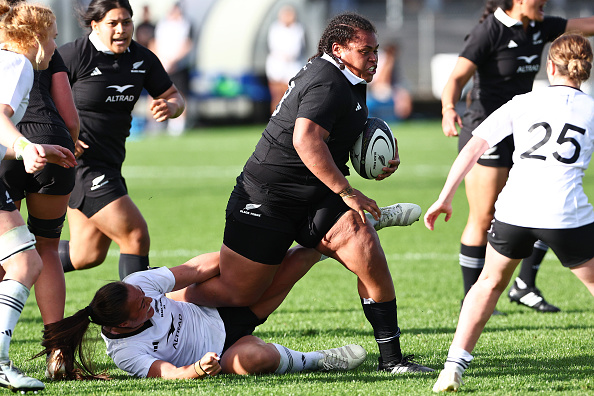 Prop Marcelle Parkes (centre) during a match between the Black Ferns and Black Ferns XV in...
