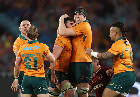 Wallabies Jeremy Williams and Nick Frost celebrate after a penalty during the third test against...