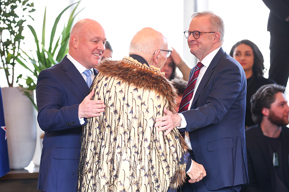 Christopher Luxon (left) and Anthony Albanese greet Sir Tipene O'Regan. PHOTO: GETTY IMAGES