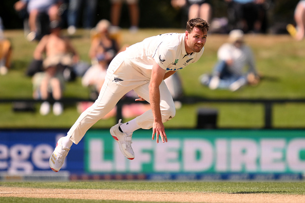 Jacob Duffy bowls for the Black Caps in a test match against the West Indies last year. Photo:...