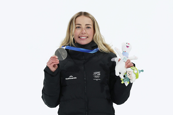 Zoi Sadowski-Synnott poses with her silver medal after the Women’s Snowboard Big Air final at...