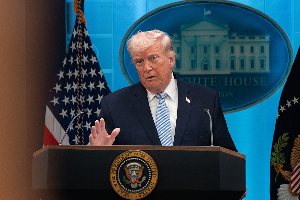 US President Donald Trump speaks to reporters at a briefing at the White House in Washington....