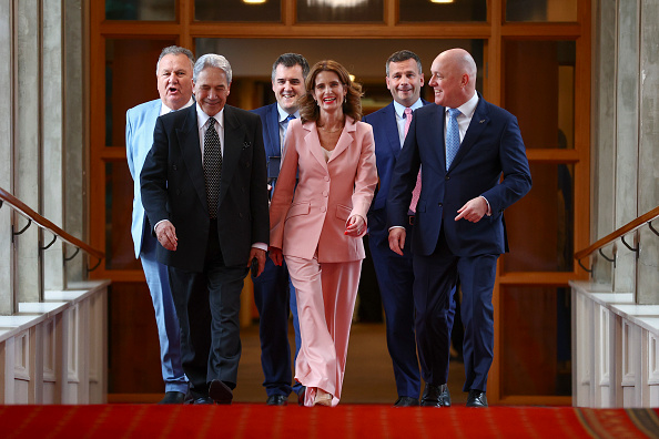 Finance Minister Nicola Willis with coalition leaders and MPs. Photo: Getty Images