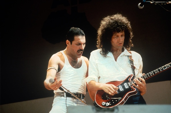 Queen's Freddie Mercury and Brian May on stage at Wembley. Photo: Getty Images