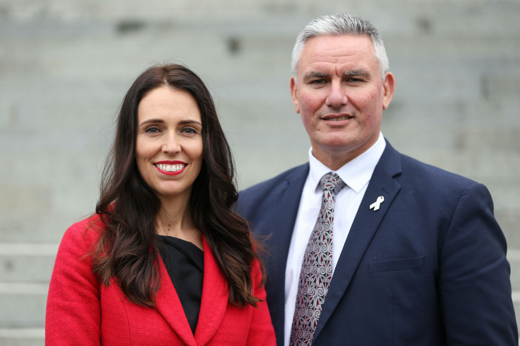 Newly appointed Labour leader Jacinda Ardern and deputy Kelvin Davis pose after a press...