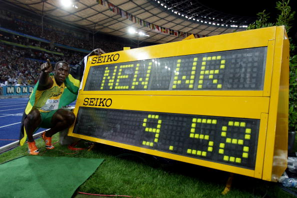 Usain Bolt of Jamaica celebrates his world record time of 9.58 seconds in Germany in 2009. Photo...
