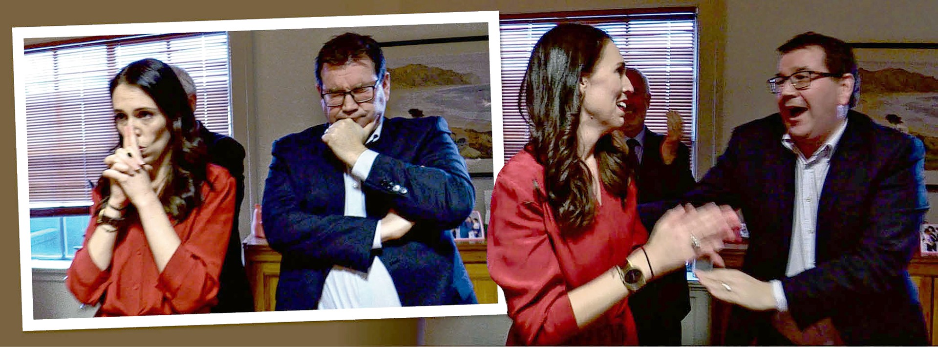 Jacinda Ardern and Grant Robertson brace as Winston Peters addresses the nation to reveal with...