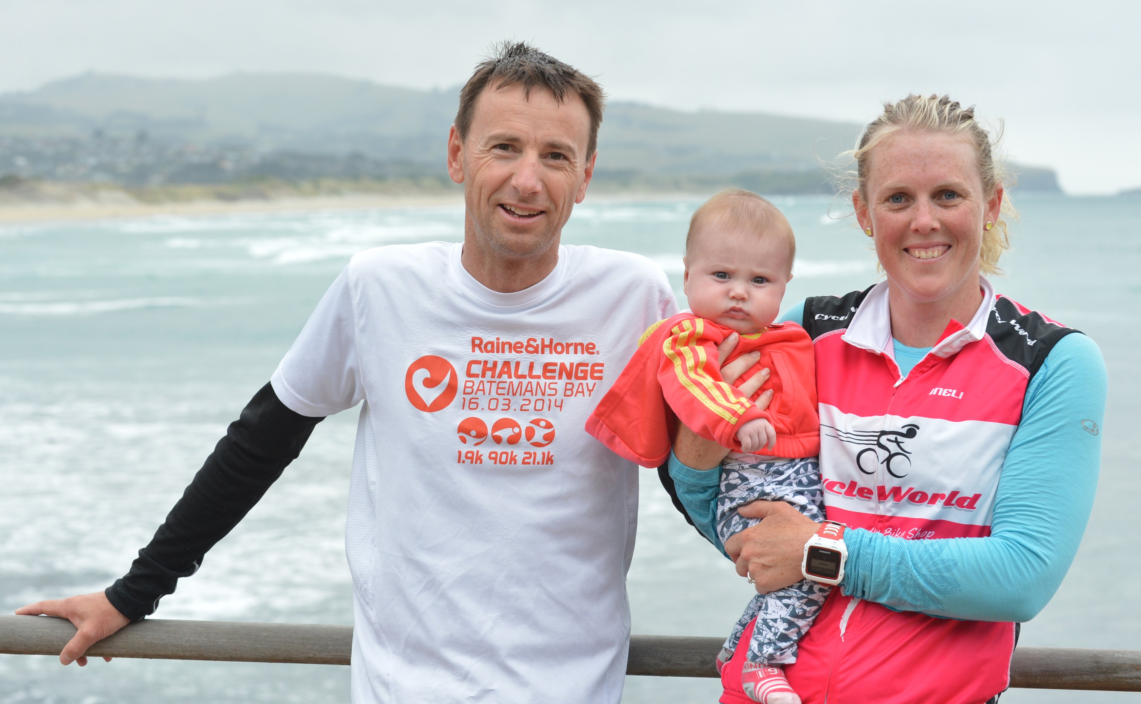 Tamsyn Hayes and partner Glen McSkimming with baby Anja taking a break from a training run at St...