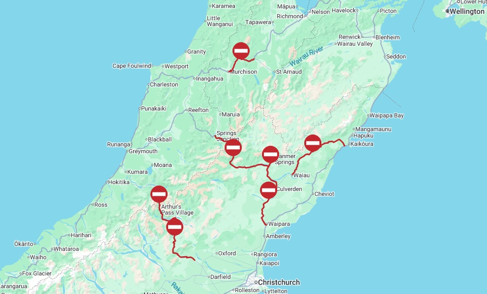 Upper South Island highway closures at 11.15am on Thursday. Image: NZTA