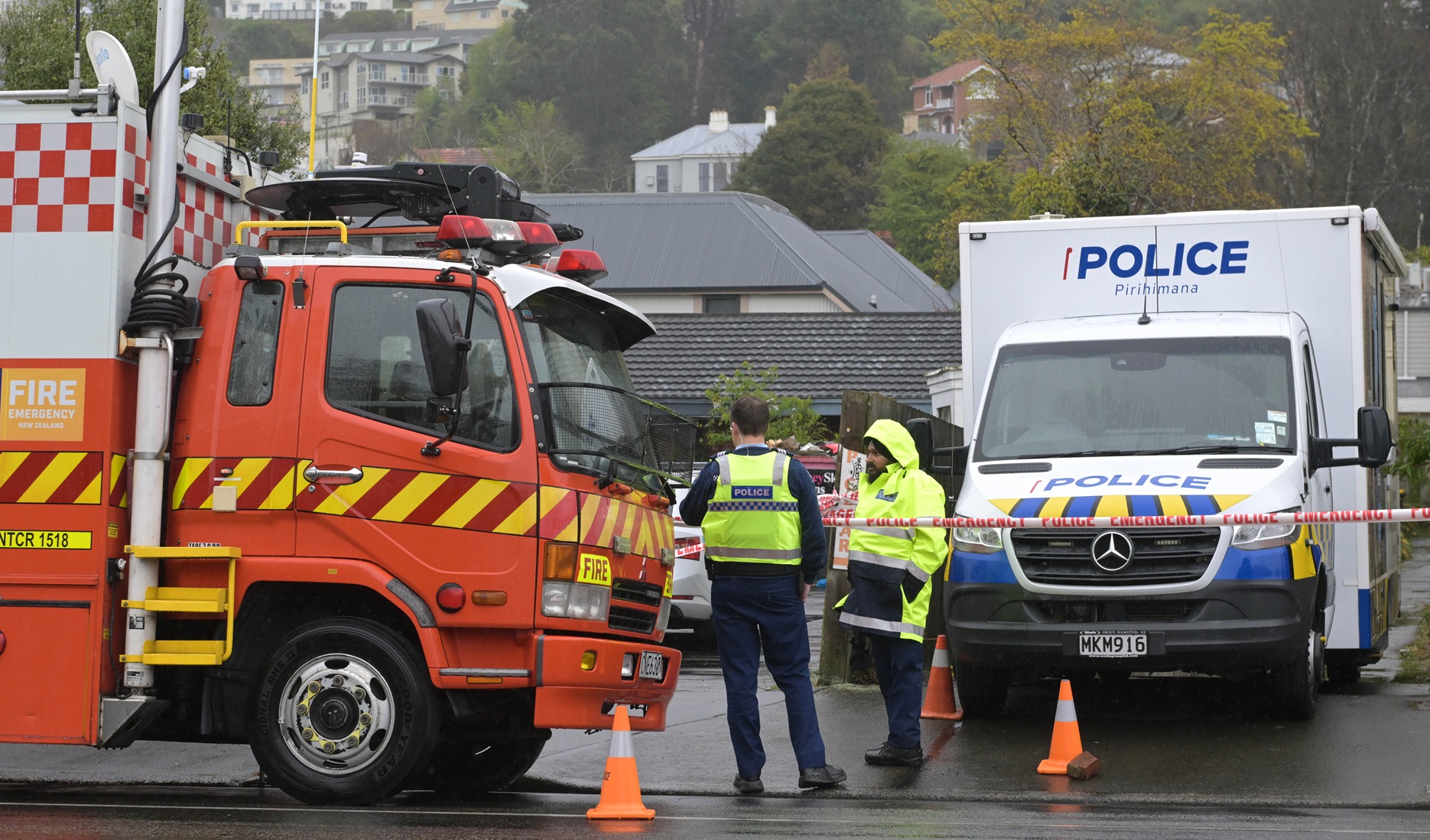 Police at the scene of the homicide investigation in Great King St on Saturday morning. Photo:...
