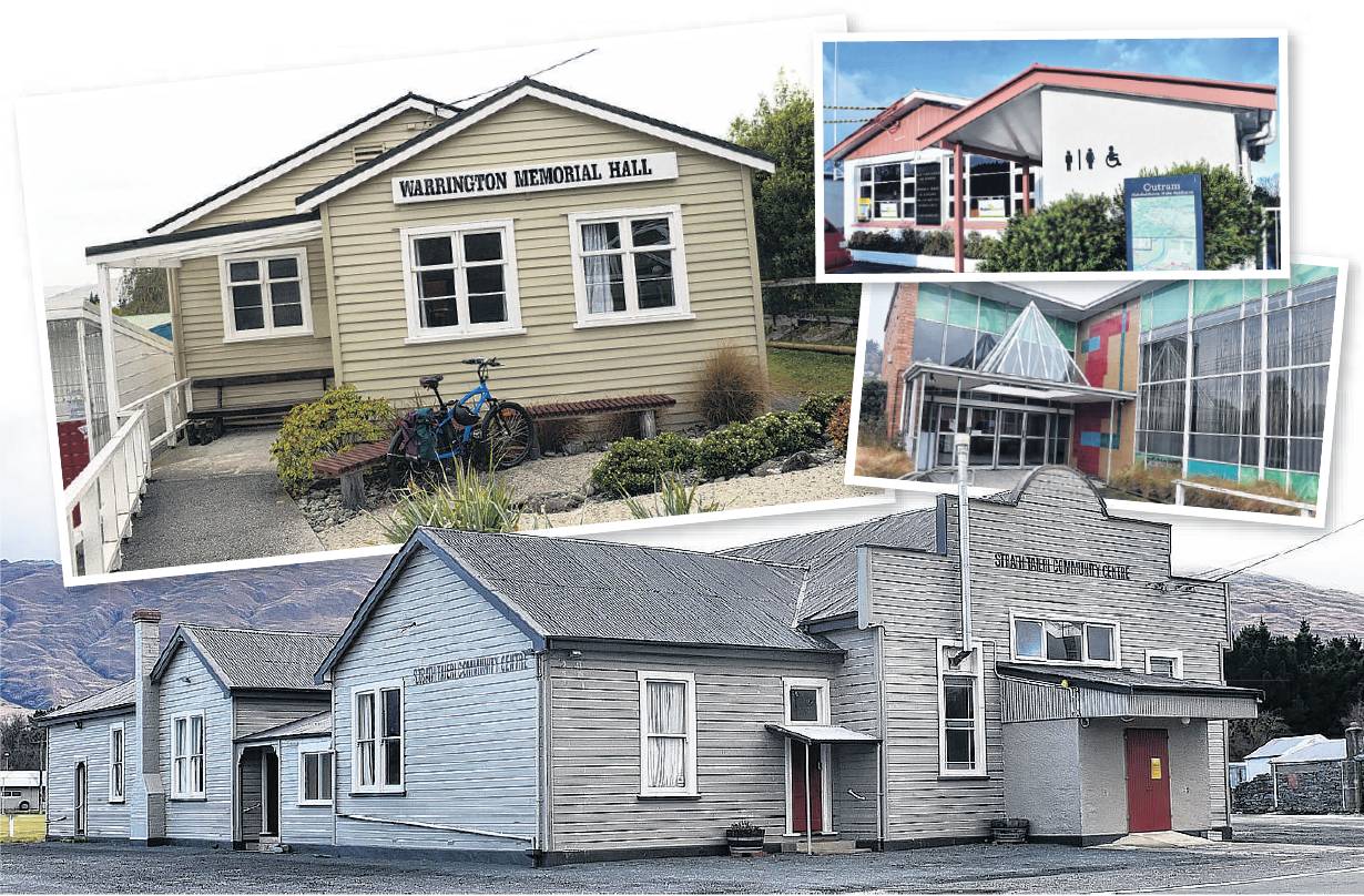 Community halls (fromtop left, clockwise) the Warrington Memorial Hall, West Taieri District War...
