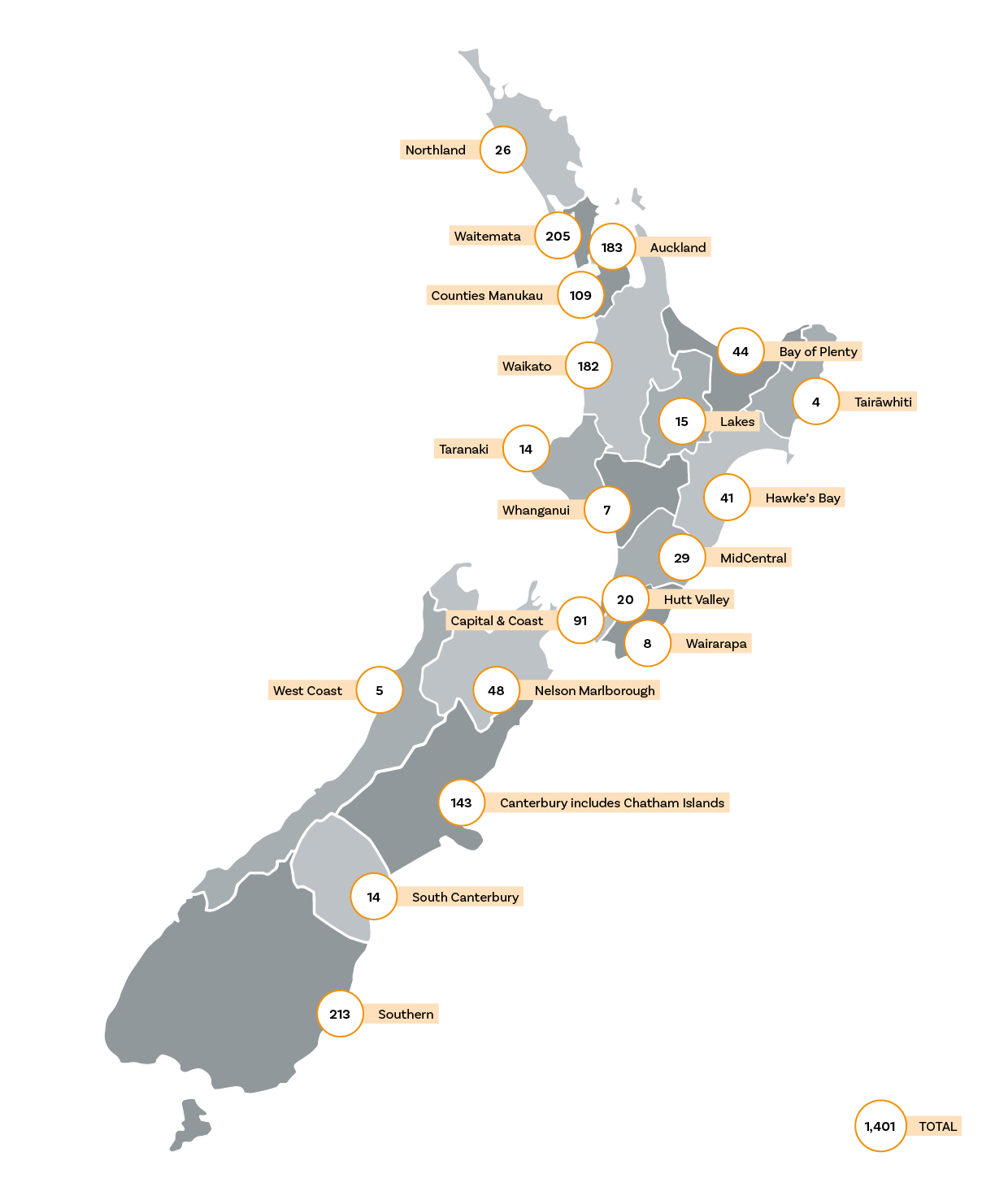 The number of cases of Covid-19 by district health board. Image: Ministry of Health The number of cases of Covid-19 by district health board. Image: Ministry of Health