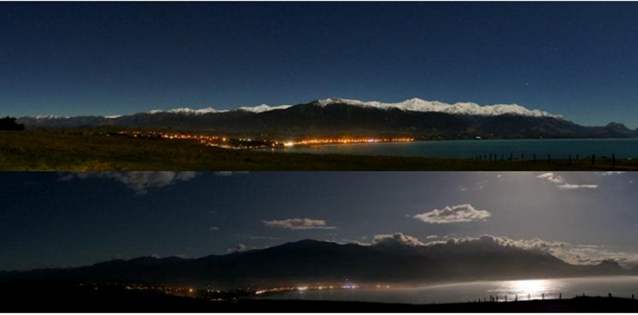 Moonlit panoramic views of Kaikoura taken before (top) and after the installation of new lighting...