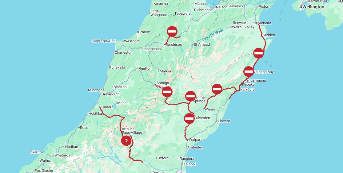 Upper South Island highway closures at 2.15pm on Thursday. Image: NZTA
