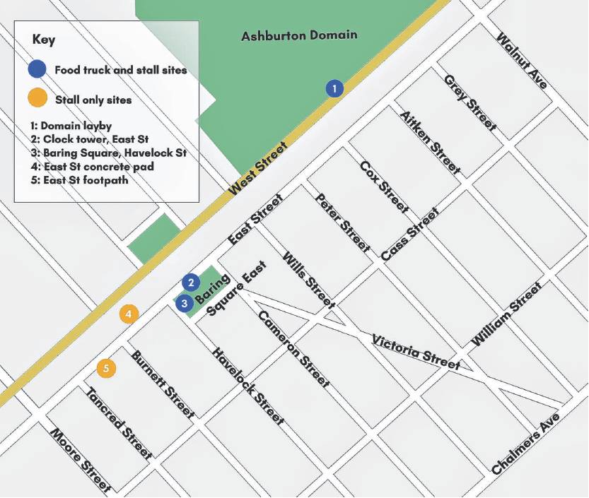 Map showing the location of food trucks and stalls in Ashburton’s CBD. Image: Supplied
